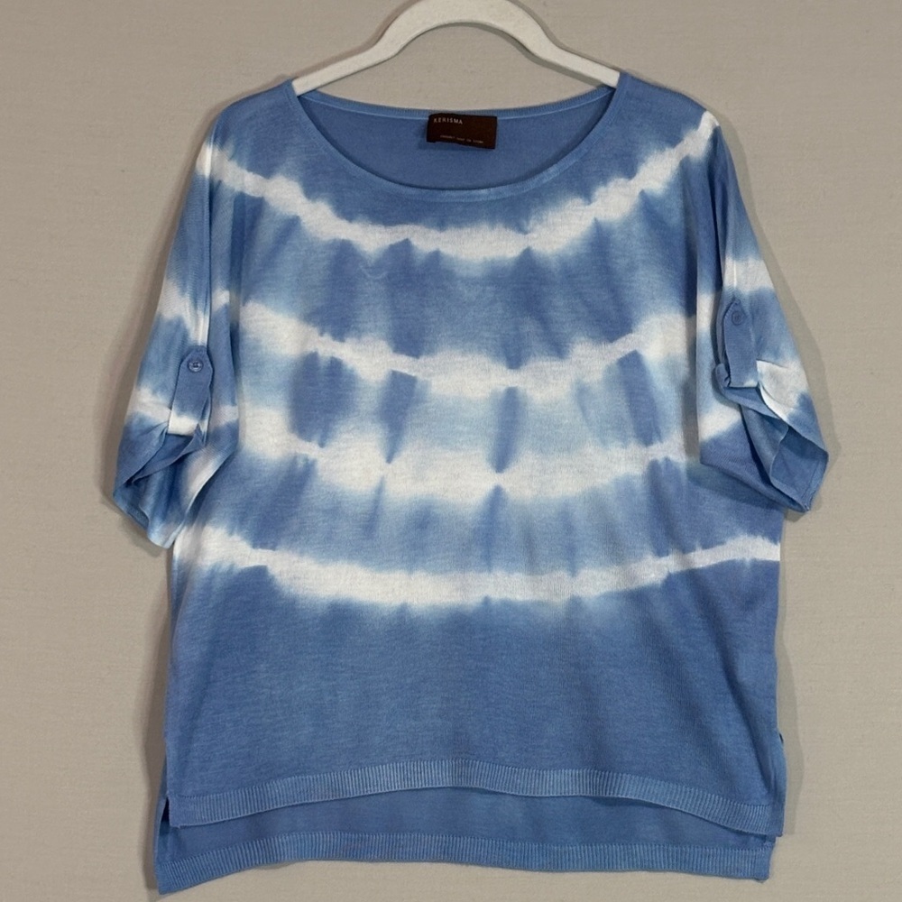 Kerisma Blue White Tie Dye Boat Neck Knit Top High Low Hem S/M (M3600)